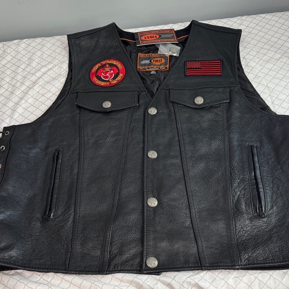 Men's Black Leather Vest with Embroidered Patches